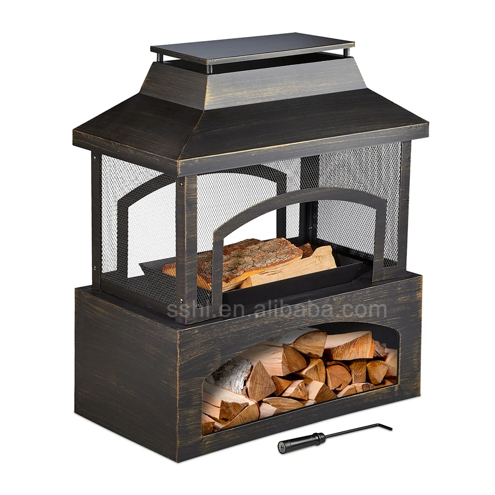 Outdoor Luxury Palace Fireplace Wood Burning Heater Fire Pit with Wood Storage Holder for Garden