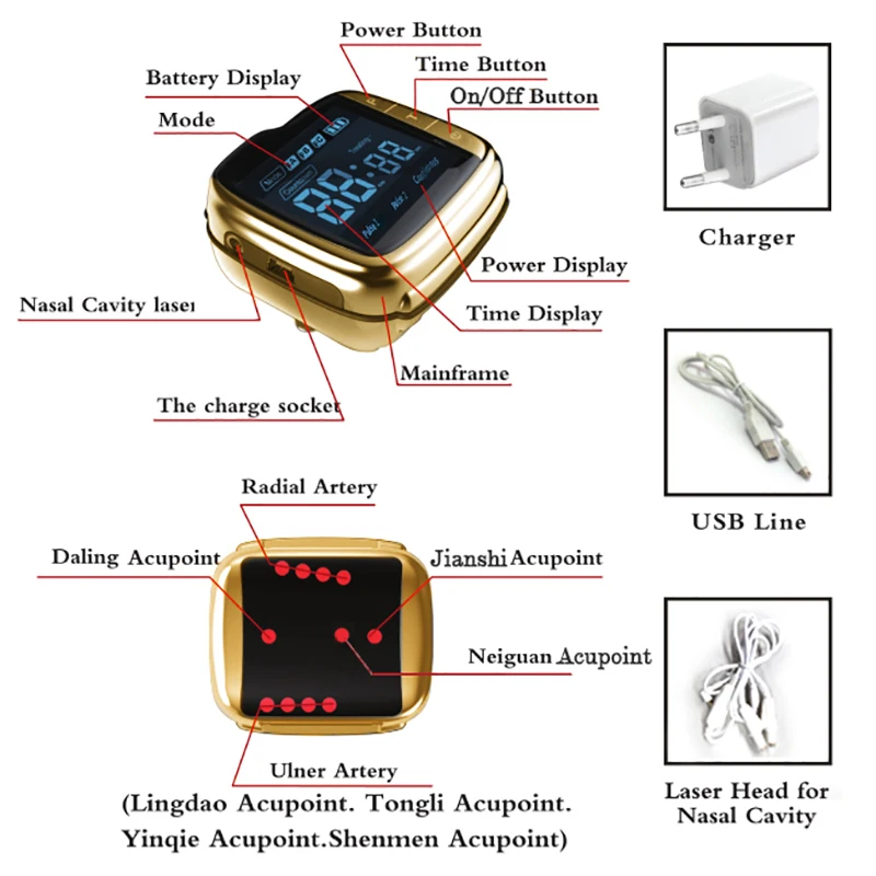 650nm Laser Therapy Wrist Watch for Diabetes Cure Hypertension Blood Purification