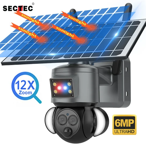 2024 Sectec 4G 6MP 6W Solar Camera CCTV Surveillance PIR Outdoor 12X Zoom Dual Lens Outdoor Wifi Network Solar Camera