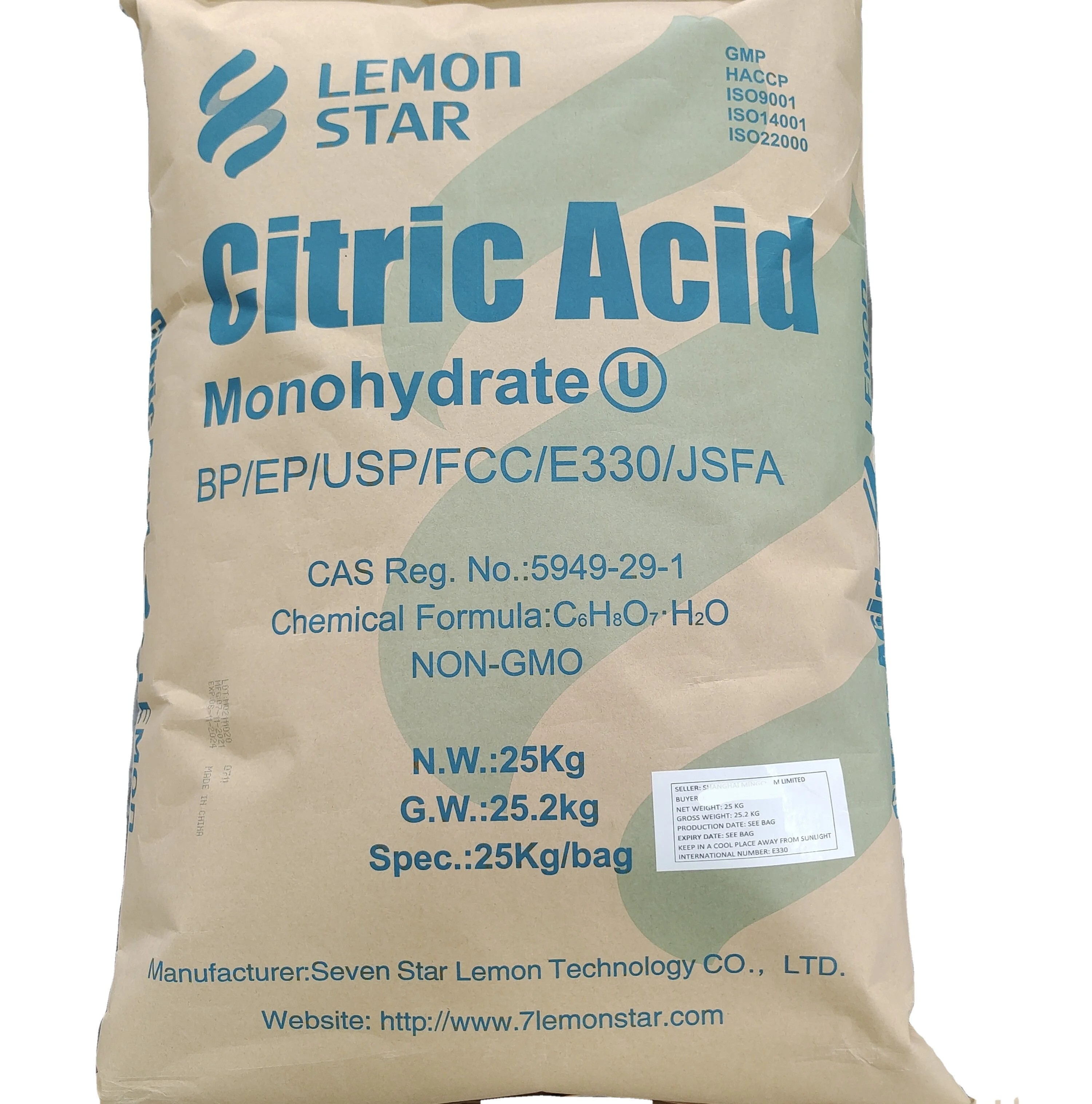 Китай, лучшая пищевая кислота BP98 USP24 E330, 8 сетки до 40 сетки, Кристальный порошок, моногидрат лимонной кислоты