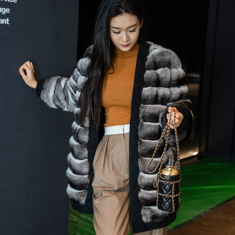 Factory Top Quality Cheap Women Winter Real Chinchilla Fur Coat Casual Style Fur Cardigan Ladies Real Chinchilla Fur Overcoat