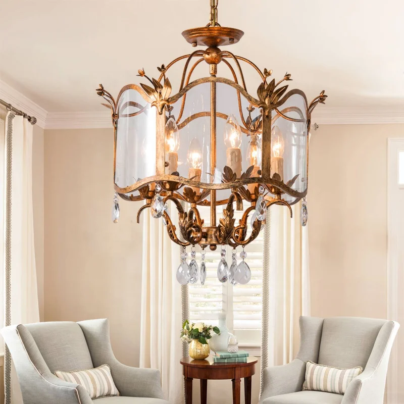 New french chandelier glass drum pendant light antique gold crystal ceiling light