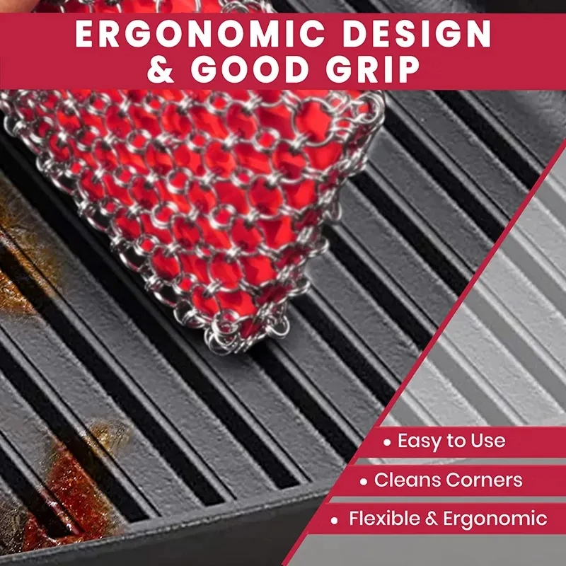 Premium 316L Stainless Steel Chainmail Scrubber with Silicone Insert Cast Iron Cleaner Set for Kitchen Cleaning Sponge Included