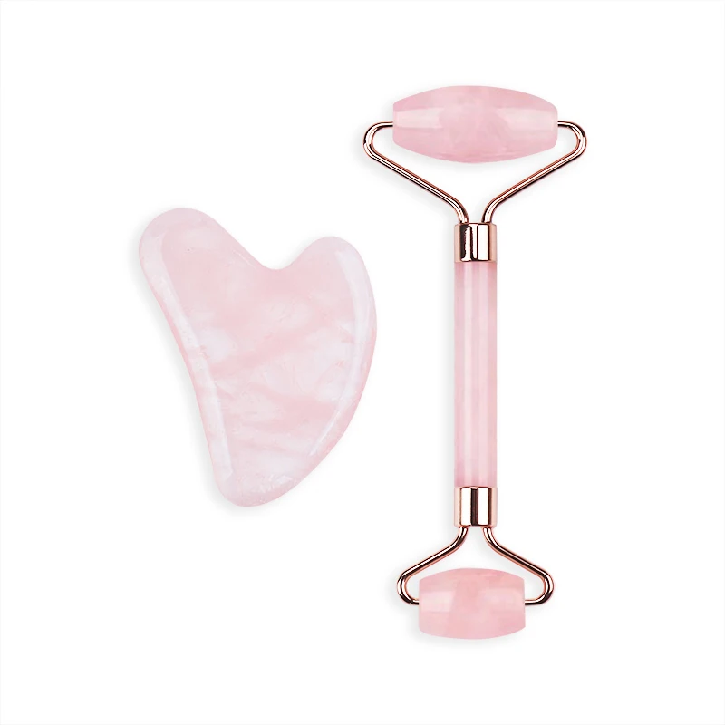 Rose Quartz Jade Roller Gua Sha Set Amethyst Green Pink White Jade Heart Shaped Gua Sha Stone and Face Roller Crystal Guasha Kit