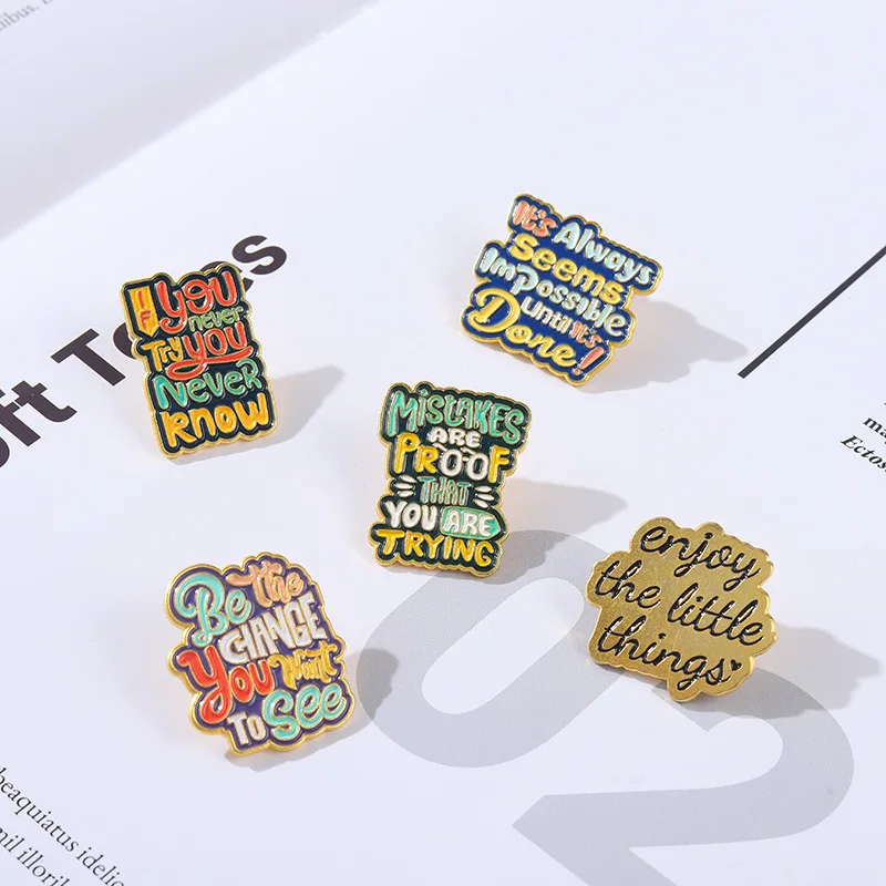 Personalized Inspiring English Letter Enamel Brooch Lapel Pins Backpacks Clothings Hats Badge Pins For Children