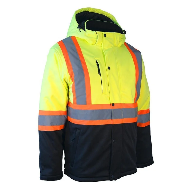 Hi Vis Softshell Winter Safety Jacket High Visibility Safety Bomber Jacket for Rain Waterproof Detachable Hood Reflective  Coat