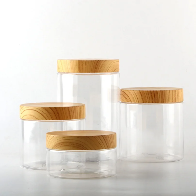Food Grade Plastic Cosmetic Cream Wax Scrub Container PET Bamboo Jar 8oz with Wood Lid Water