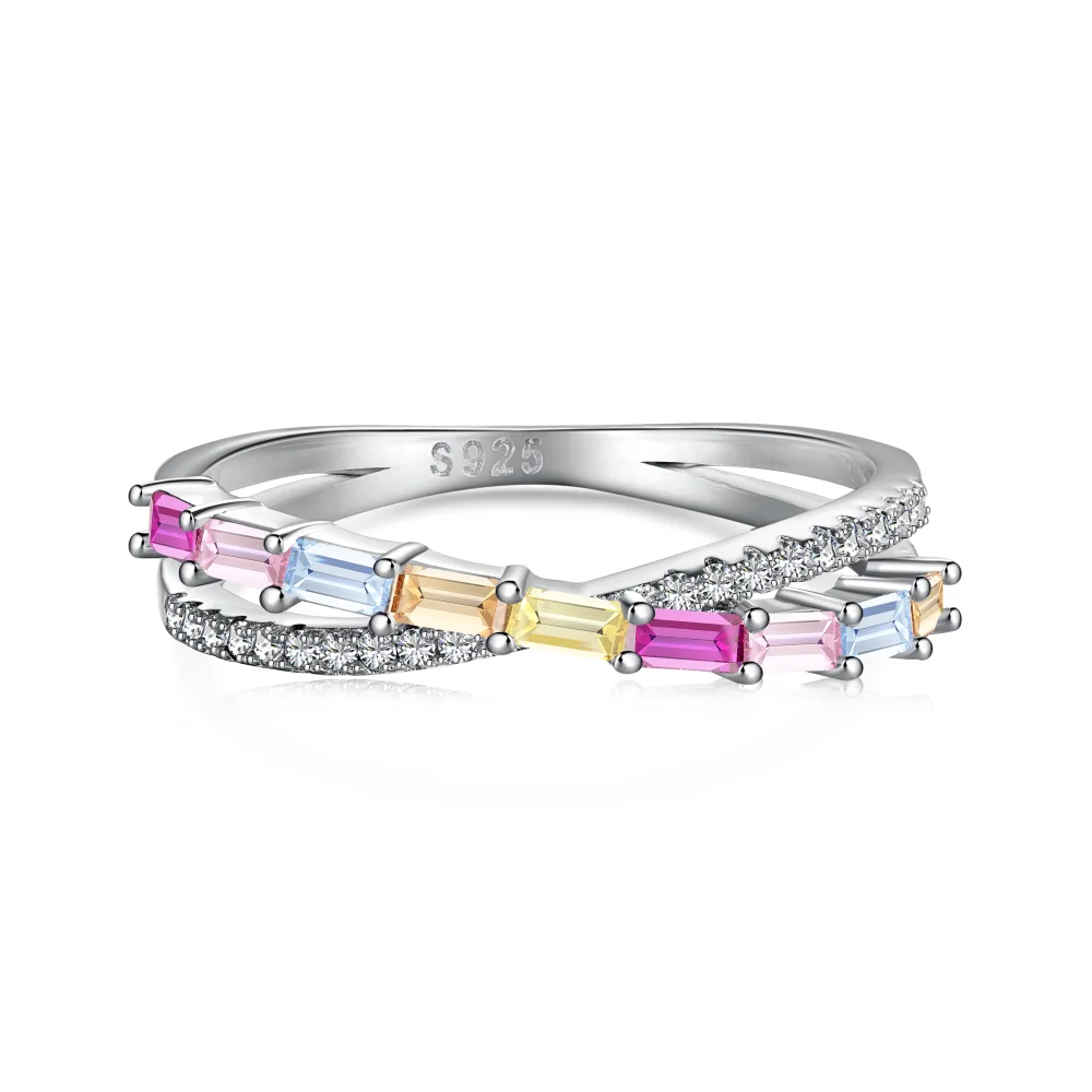 Dylam Sweet Colorful Baguette Zirconia Jewelry Rings S925 Silver Rhodium Plated Cross Intersect 5A Zirconia Silver Ring