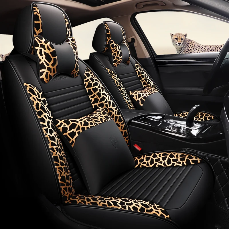 UNIVERSAL COMPLETE SETS WOMAN DRIVER SEAT PVC SEAT CUSHION LEOPARD PRINT SEAT COVERS