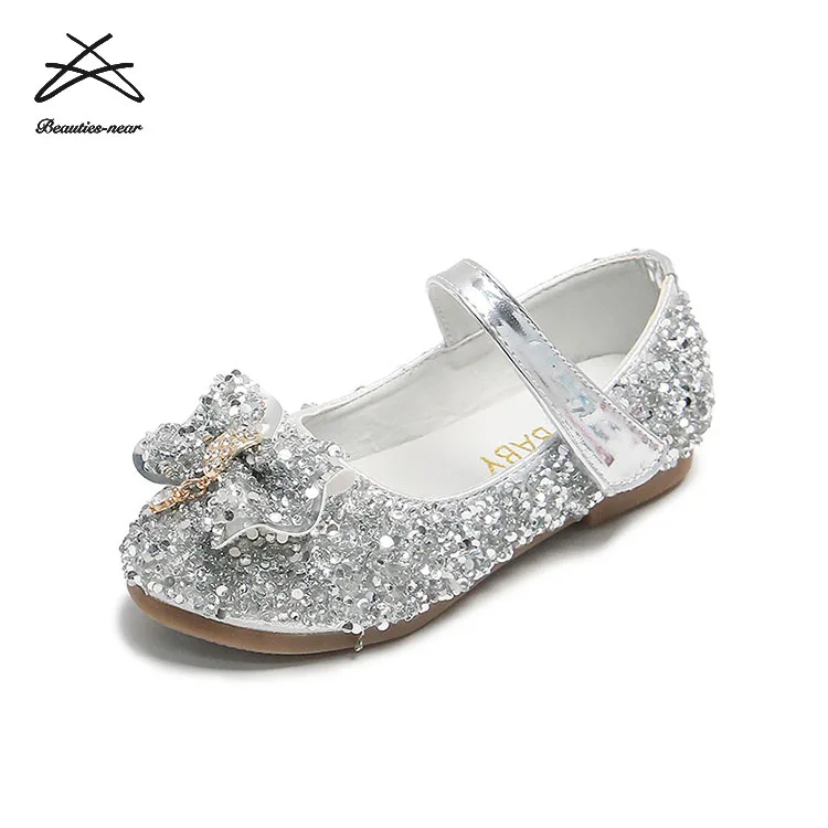 2022 Girls New Design Bling Sequins Bow Knot Buckle Strap High-heeled Kids Princess Shoes Performance Shoes Durable Shoes