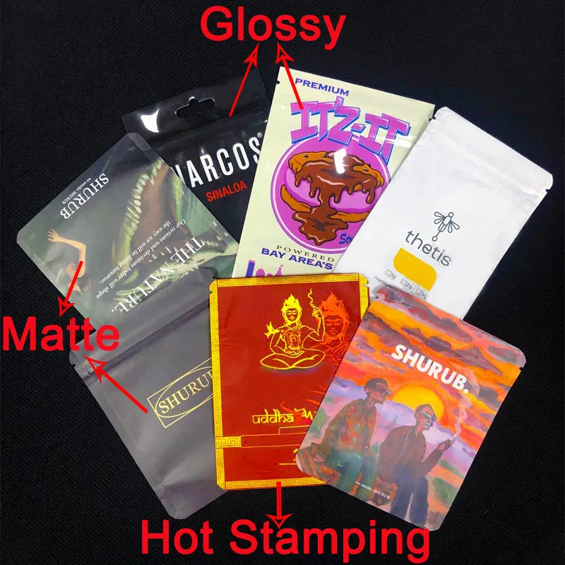 Custom UV Gold Stamping Holographic Resealable Child Resistant Zipper 3.5g Pack Smell Proof Packaging Mylar Bag Stand up Pouch