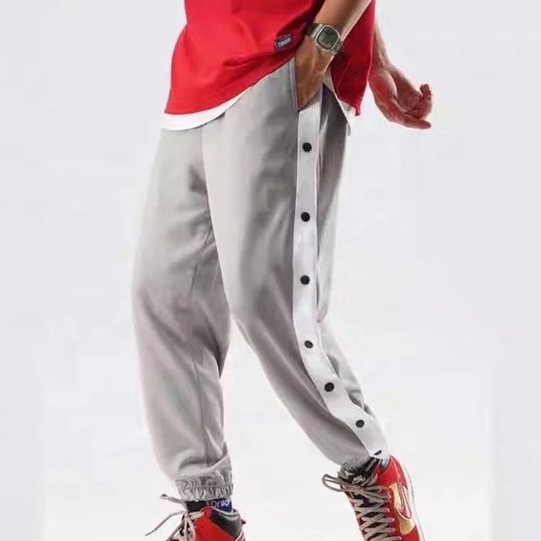 2021 Mid Waist Panel Jogger Basketball Pants Full Length Black Stripe Split Mens Street Hip Hop Side Buttons Close Sweatpants