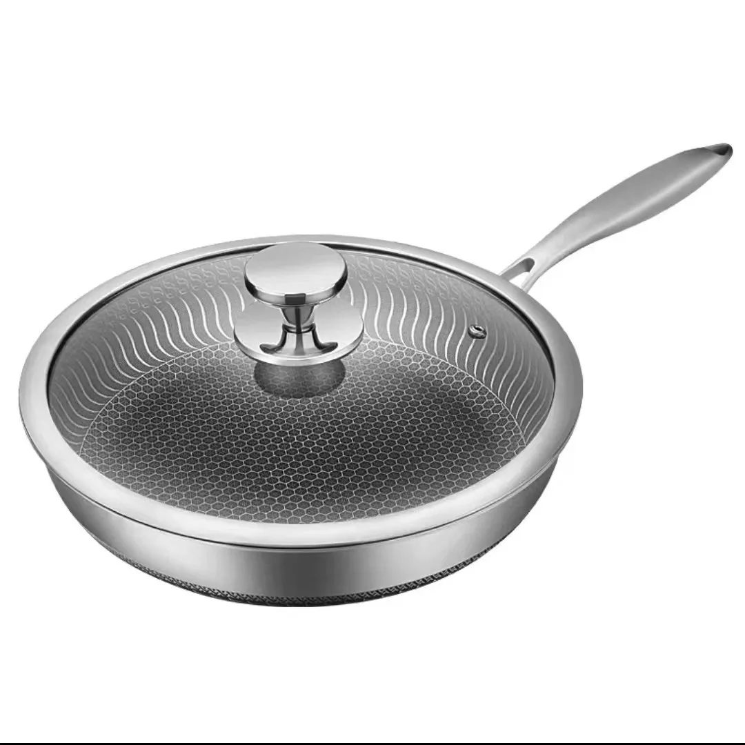 316 Stainless Steel Wok Double Sided Honeycomb Frying Pan with Glass Lid Kitchen Cooking Pan