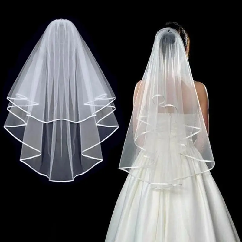 BSM364 Party Wedding Accessories Bridal Veils Double Layer White Tulle Ribbon Edge Bride Headdress Wear Gauze Kerchief Hair Comb