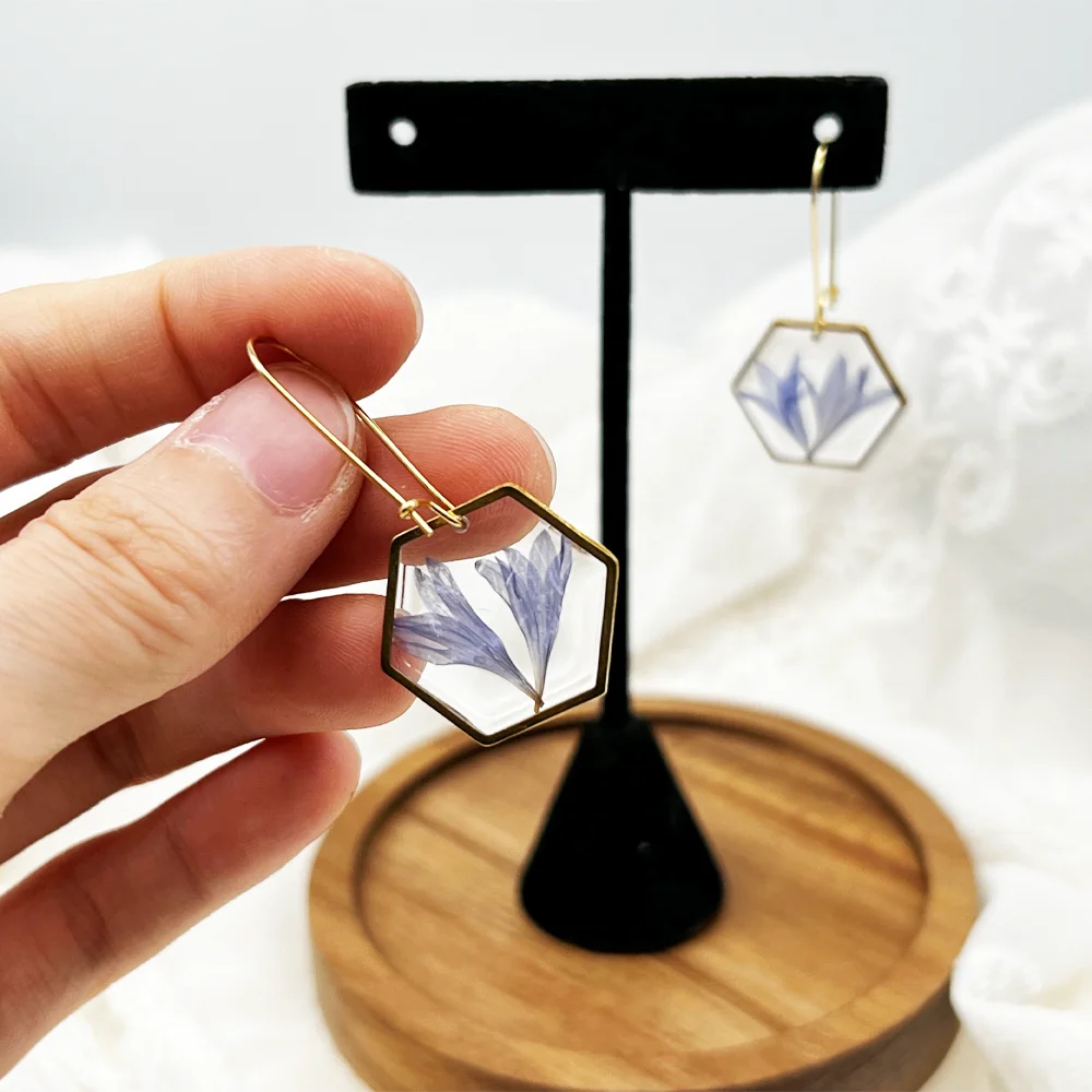 Geometric Handmade Resin Jewelry Blue Real Corn flower Gold Hexagon Hoop Earrings Unique Birthday Gift