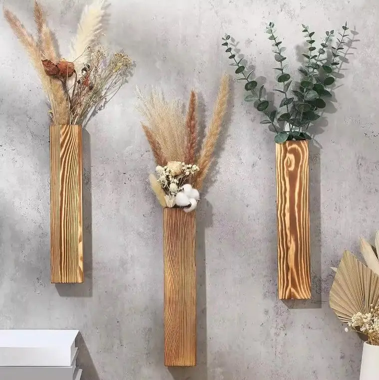Modern Home Small Wall Planters Living Room Hanging Wooden Pocket Wall Vases for Dried Flowers