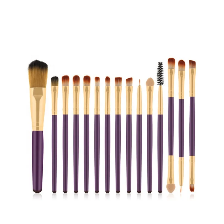 15 Pieces Purple Gold Aluminum Ferrule Makeup Brush Set With Custom Logo Private Label