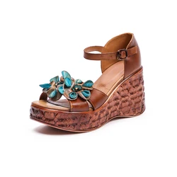Genuine Leather Sandals Handmade Flowers Summer Shoes Woman Wedges High Heel Shoes Retro Ethnic Height Increasing Ladies Shoes