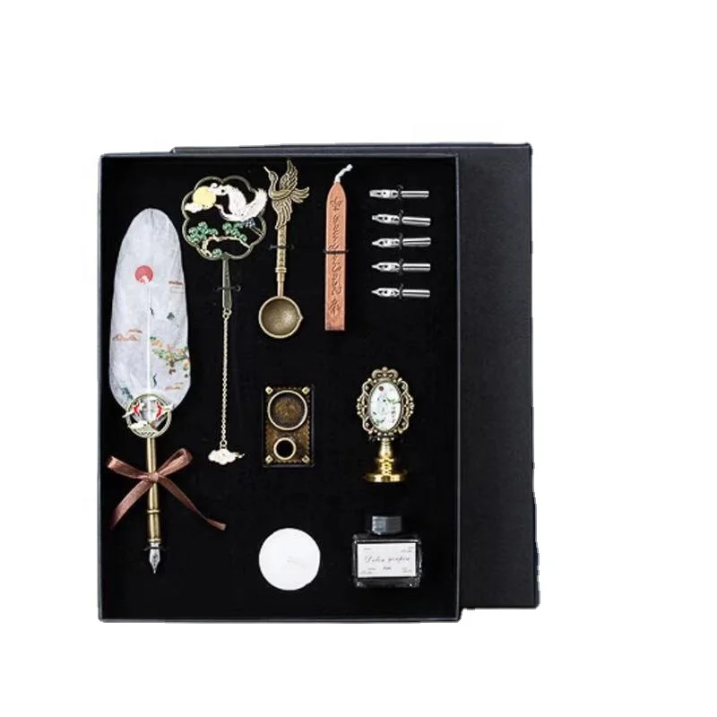2022 Latest Chinese styles calligraphy quill feather fountain pen and wax seal set with notebook ink bottle 5 nibs