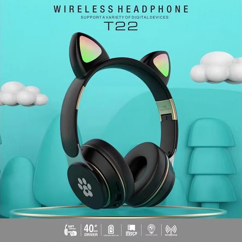 High Quality Wholesale Custom Waterproof Gamer Earphones Pink Cute Cat Ear Headphone Wireless BT Gaming Headset Headphones