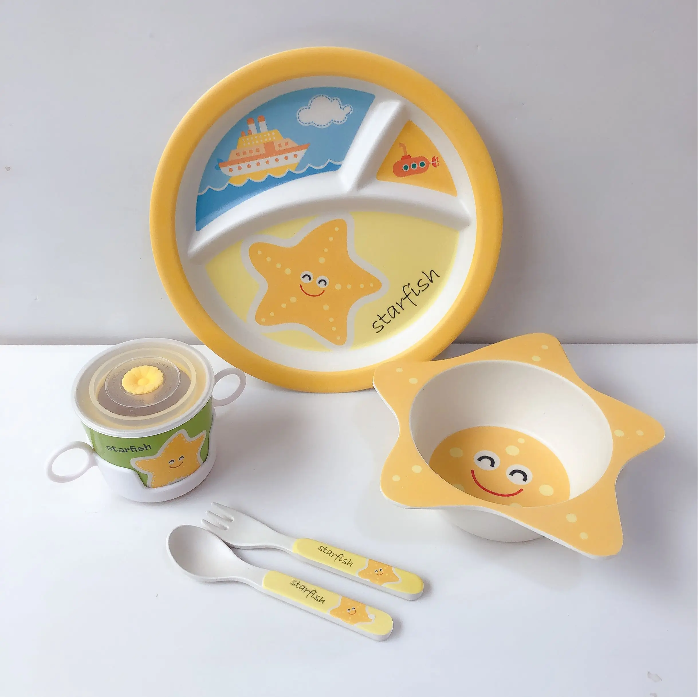 Round wholesale kids cartoon bamboo fiber dinner dish set
