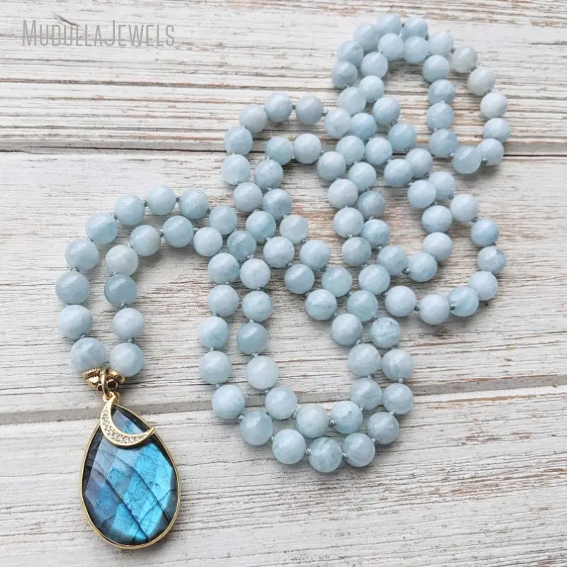MN31559 Wisdom Healing Egyptian Goddess Isis Aquamarine  Mala Bead Necklace 108 Mala NECKLACE with Crescent Charm