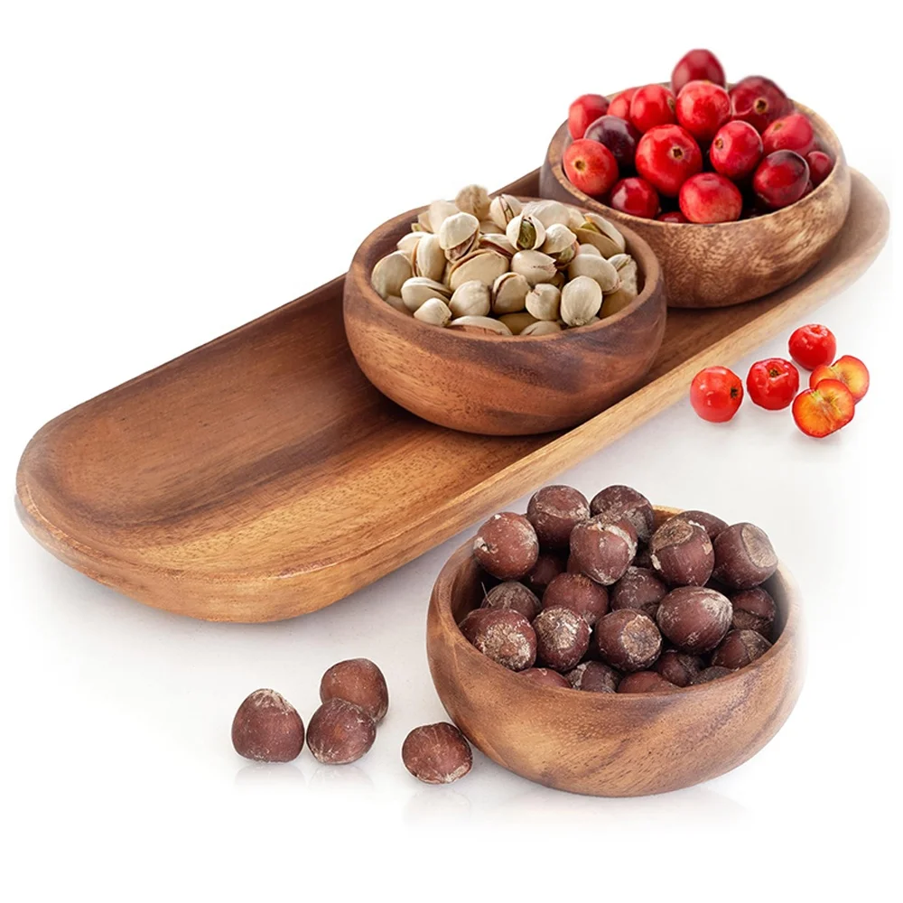 FLYWOD kitchen accessories acacia wood calabash bowl snack nut wood bowl set small round wooden bowl with tray
