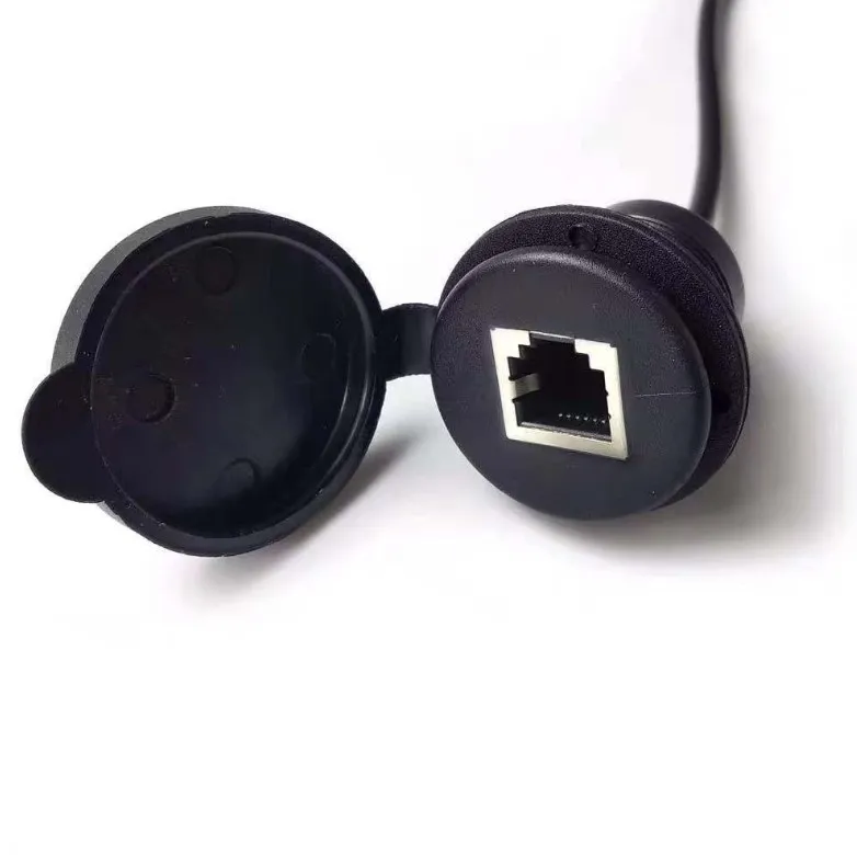 Shenzhen Manoson Black Waterproof Round Panel Mount CAT5E RJ45 Male To Female Ethernet Extension Network Cable