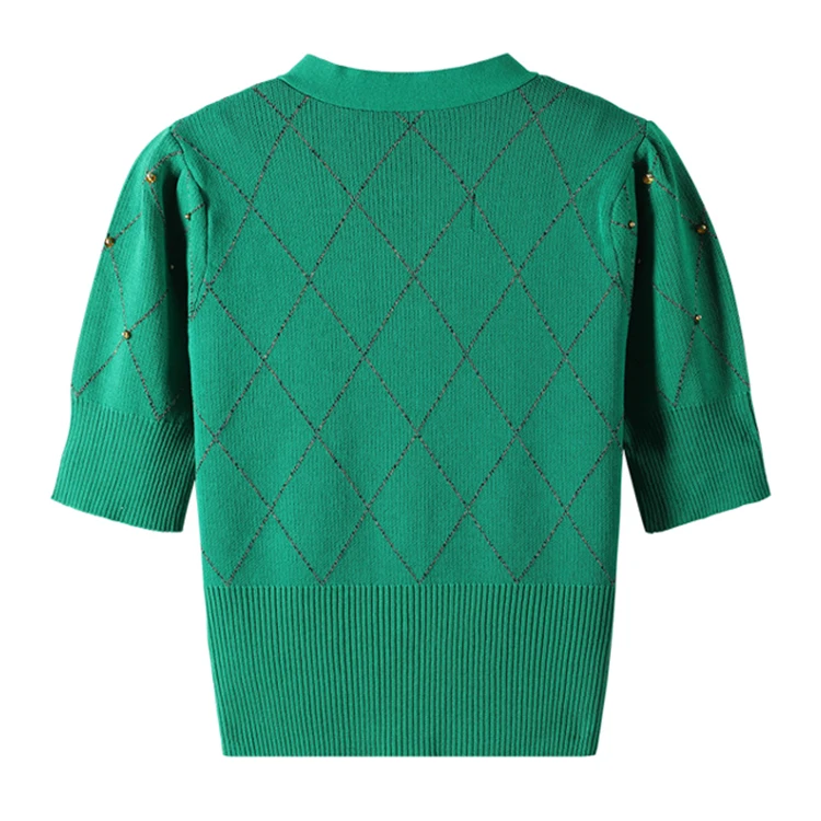 Custom V Neck Ladies Knitwear Summer Cotton Casual Short Sleeve Tops Beaded Design Pearl Button Anti-pilling Sweater