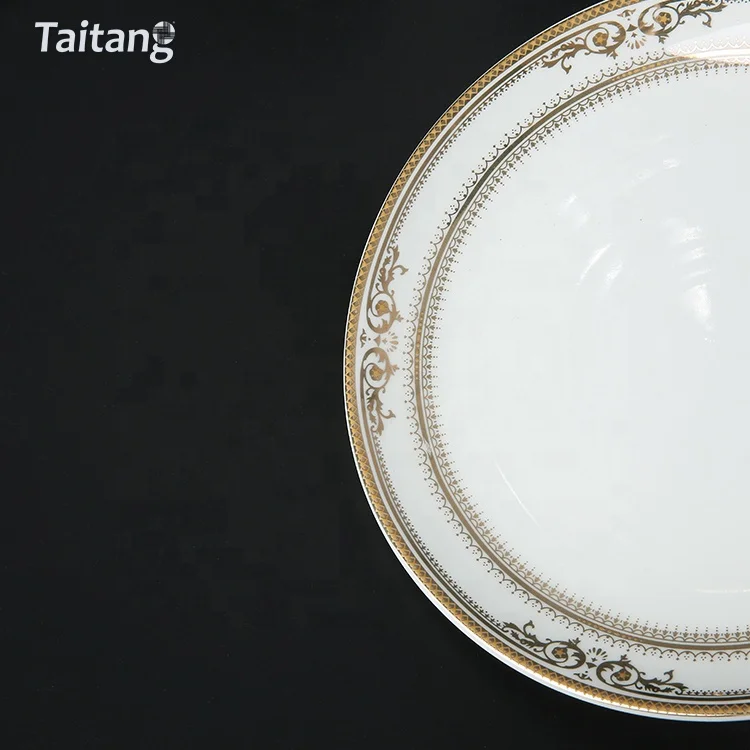 Restaurant Wedding Ceramic Gold Rim Fine Bone China Dinnerware Dinner Set With Embossed Gold Decal Dinnerware