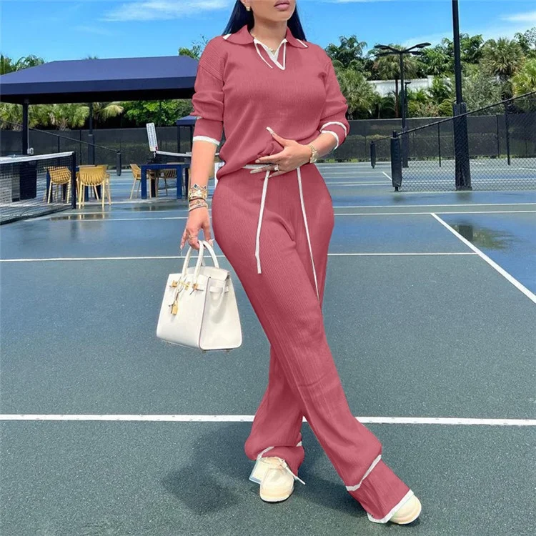 Casual Knitted Women Tracksuit Two Piece Trousers Sets 2023 Autumn Chic Long Sleeve Pullover Tops And Wide Leg Pants Suit