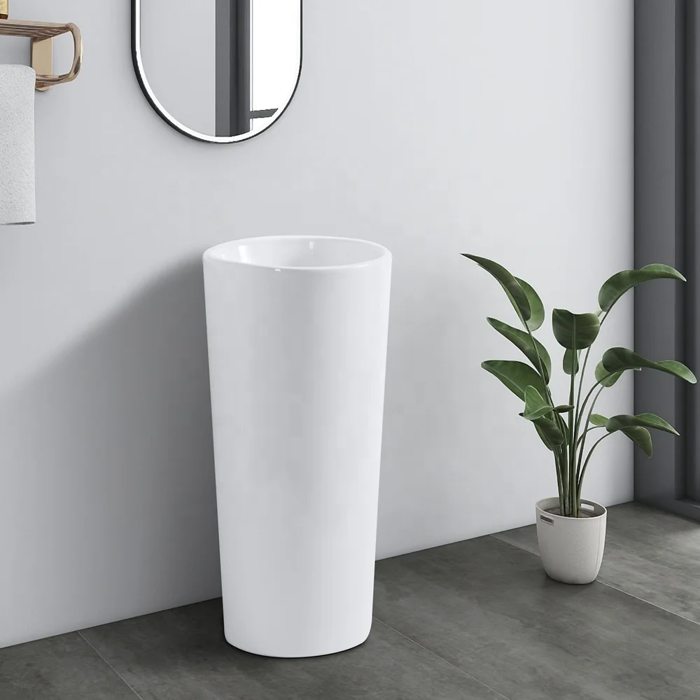 White Round One Piece Bathroom Pedestal Wash Hand Basin Ceramic