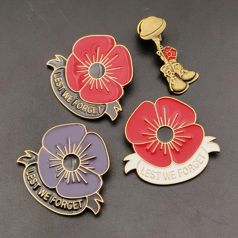 High Quality Memorial Day Metal Red purple Flower Brooch Remembrance Day Hard/Soft Enamel Poppy Pin Badge