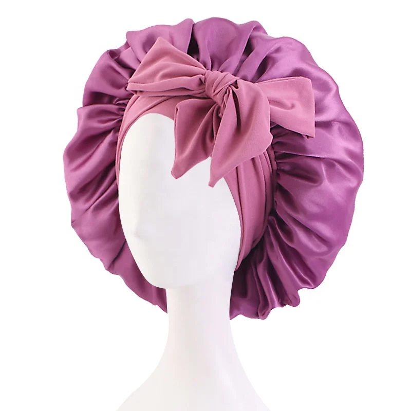 Low MOQ Solid Colors Hair Night Sleep Hat Elastic Wide Band Satin Bonnets for Women Curly Hair Care