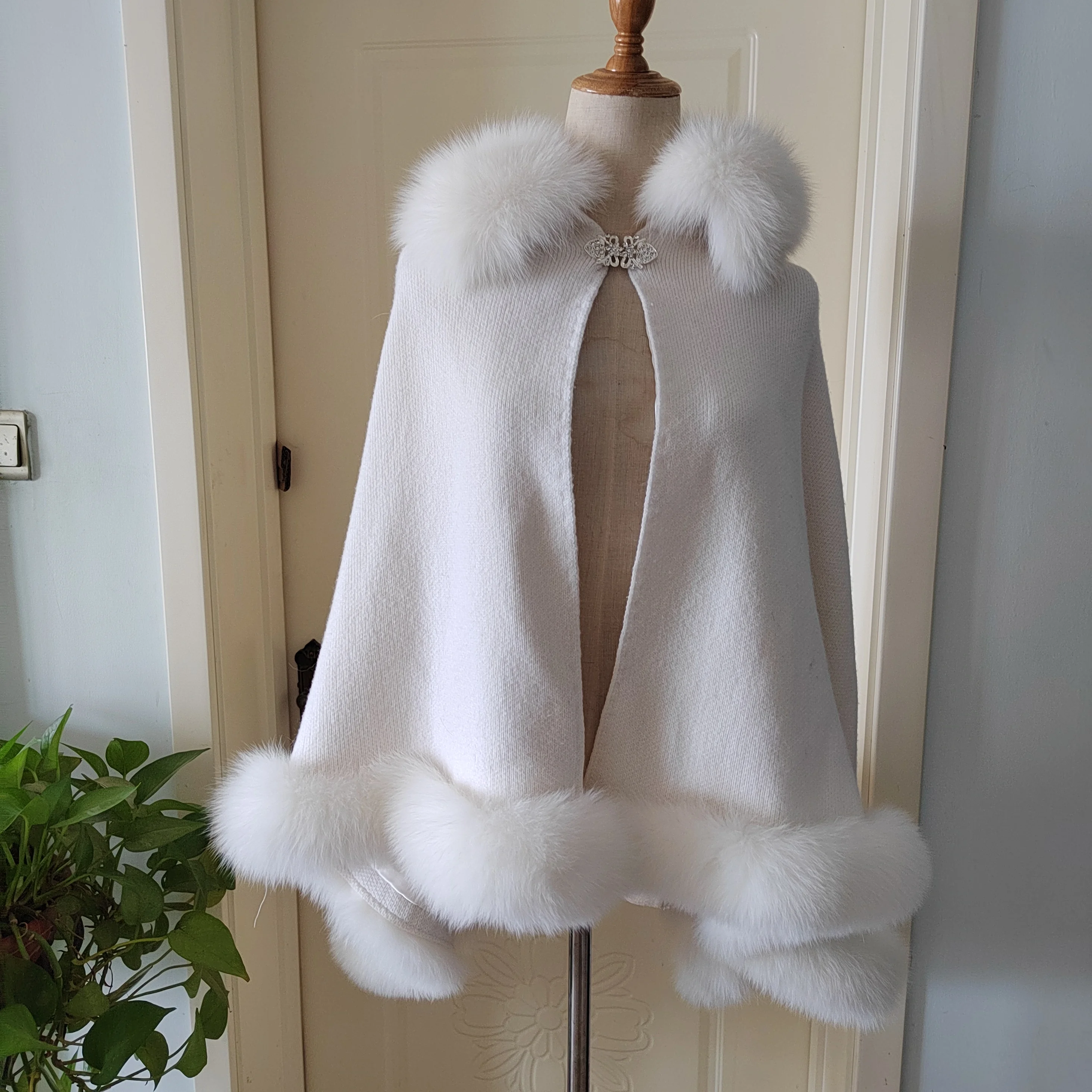 Оптовая продажа натуральное кашемировое пальто из лисьего меха с Большой Меховой Накидкой женская меховая шаль