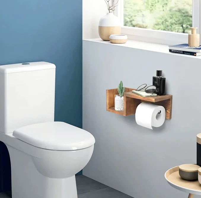 Best selling wall mounted kitchen bathrooms toilet paper holder wood toilet paper holder with shelf