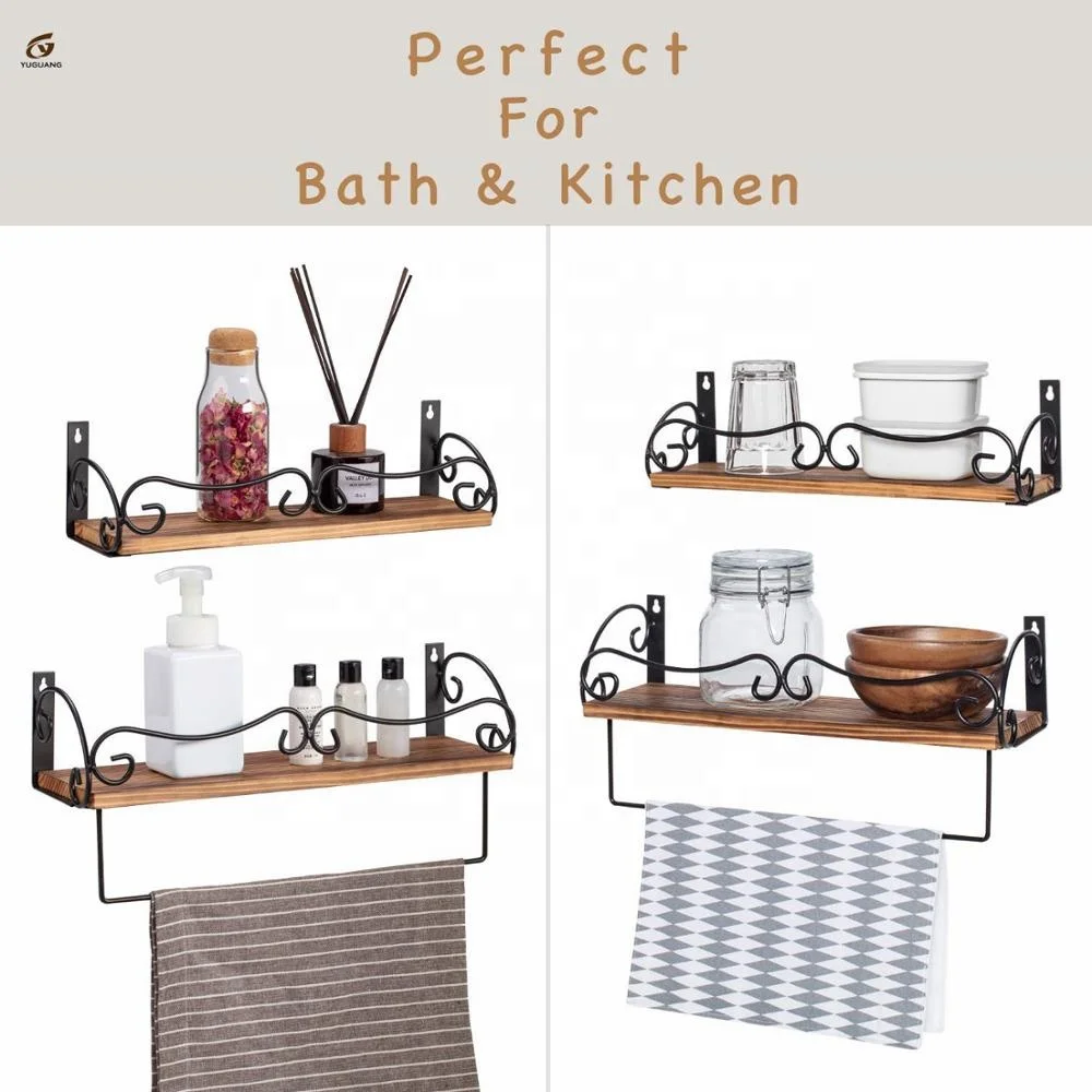 
Set of 2 Rustic Wood Floating Shelves with Removable Towel Bar Perfect for Kitchen Bathroom Floating Shelves Wall Mounted 