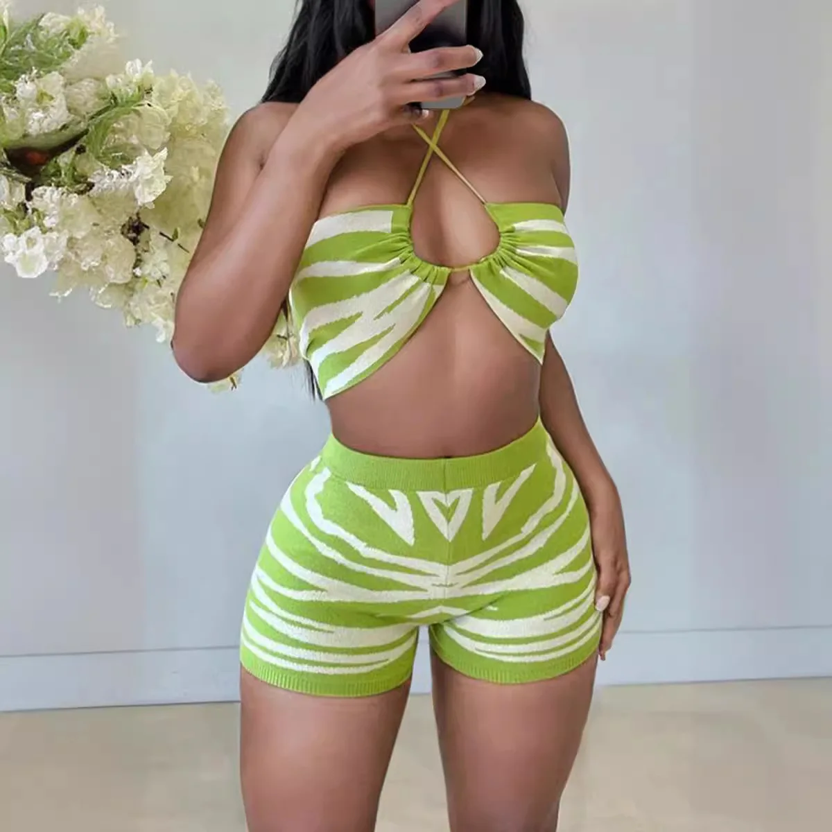 X13966C Women print Two Piece Set halter Vest+tight shorts Skinny Stretch Matching Outfits