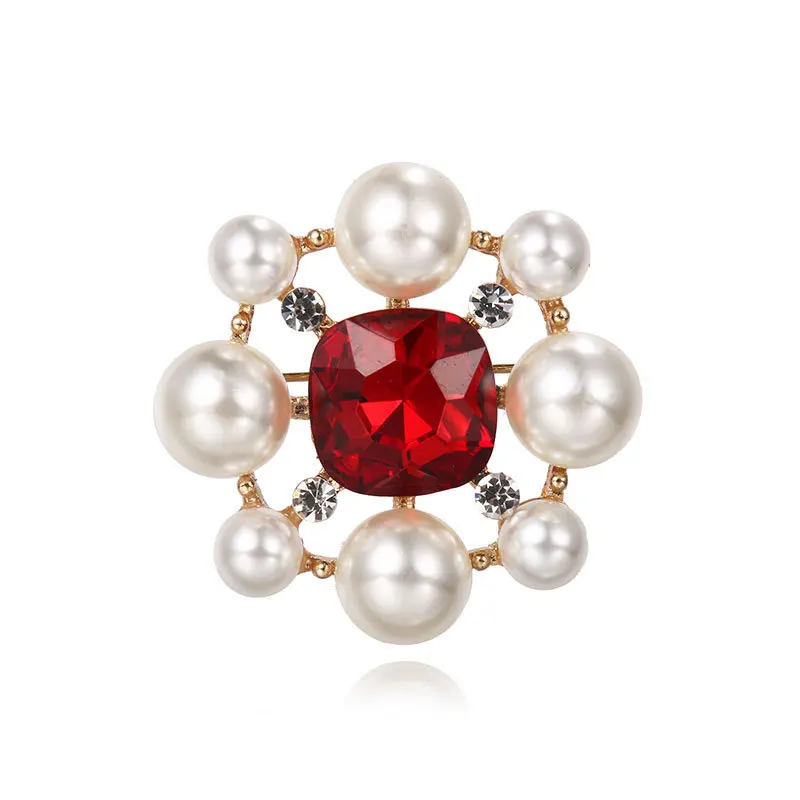 Factory Directly Outlet Red / Green Acrylic Crystal and Imitation Pearl Vintage Design Brooches