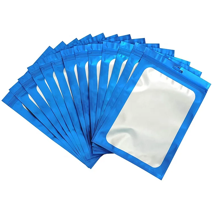 
2.75*4 inch Front Matte Blue Clear Window Aluminum Three Edge Sealing Package Bag Hang Hole Mylar Pouch for Electronic Accessori 