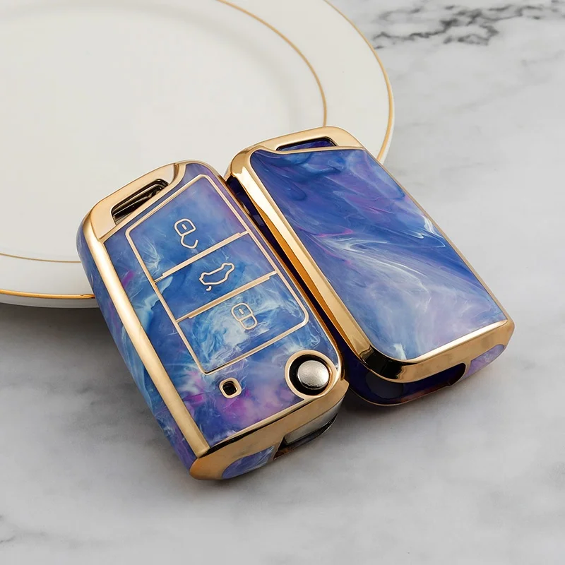 Marble design TPU Custom Car Key Cover fit for VW Golf PoloTiguan Passat Caddy Auto Folding Key Case Fob Remote bag