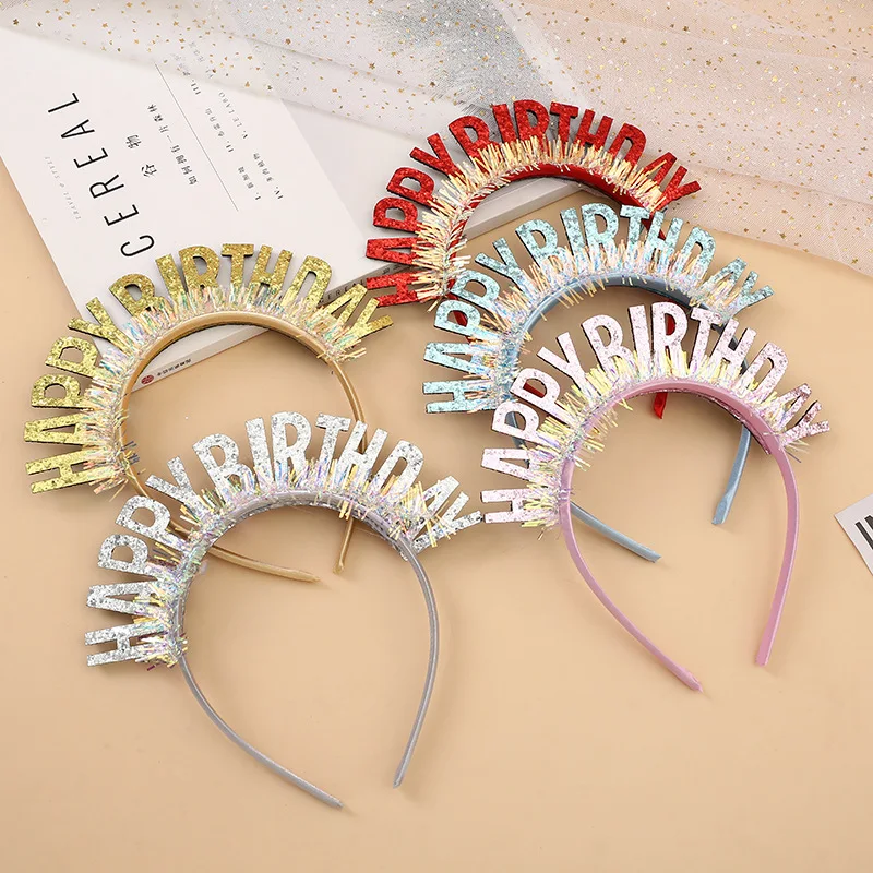 Wholesale gold dust Rain silk birthday headband party decoration bright bead birthday hat English Happy birthday headband