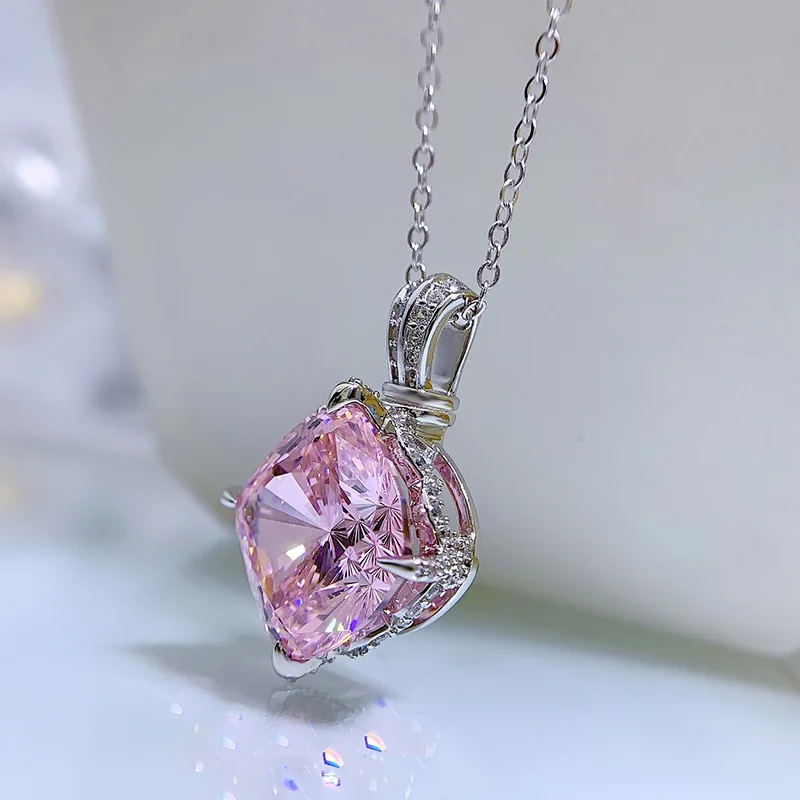 New 14*14mm Pillow Shape Pink 21ct High Carbon Diamond Pendant Clavicle Necklace Female 925 Silver