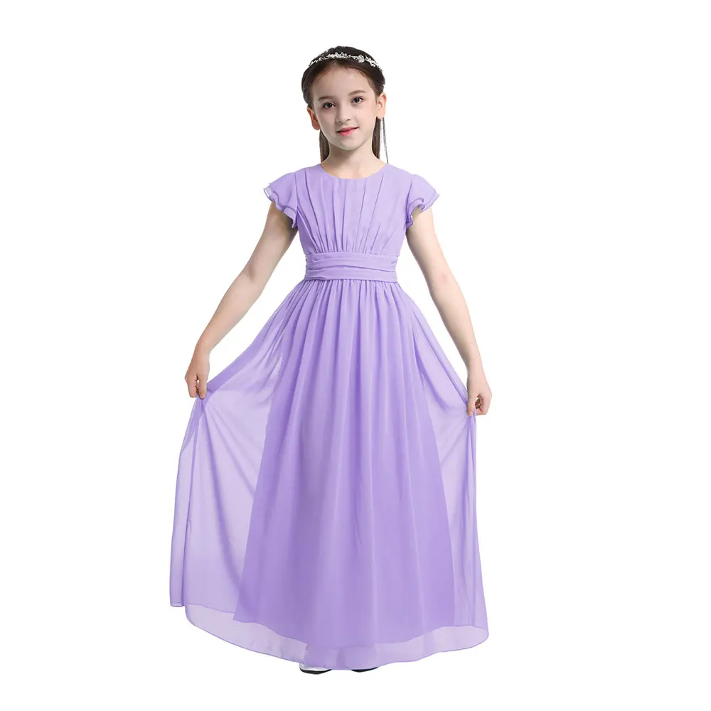 Girls Chiffon Flutter Sleeves Princess Pageant Wedding Bridesmaid Birthday Party Long Dress