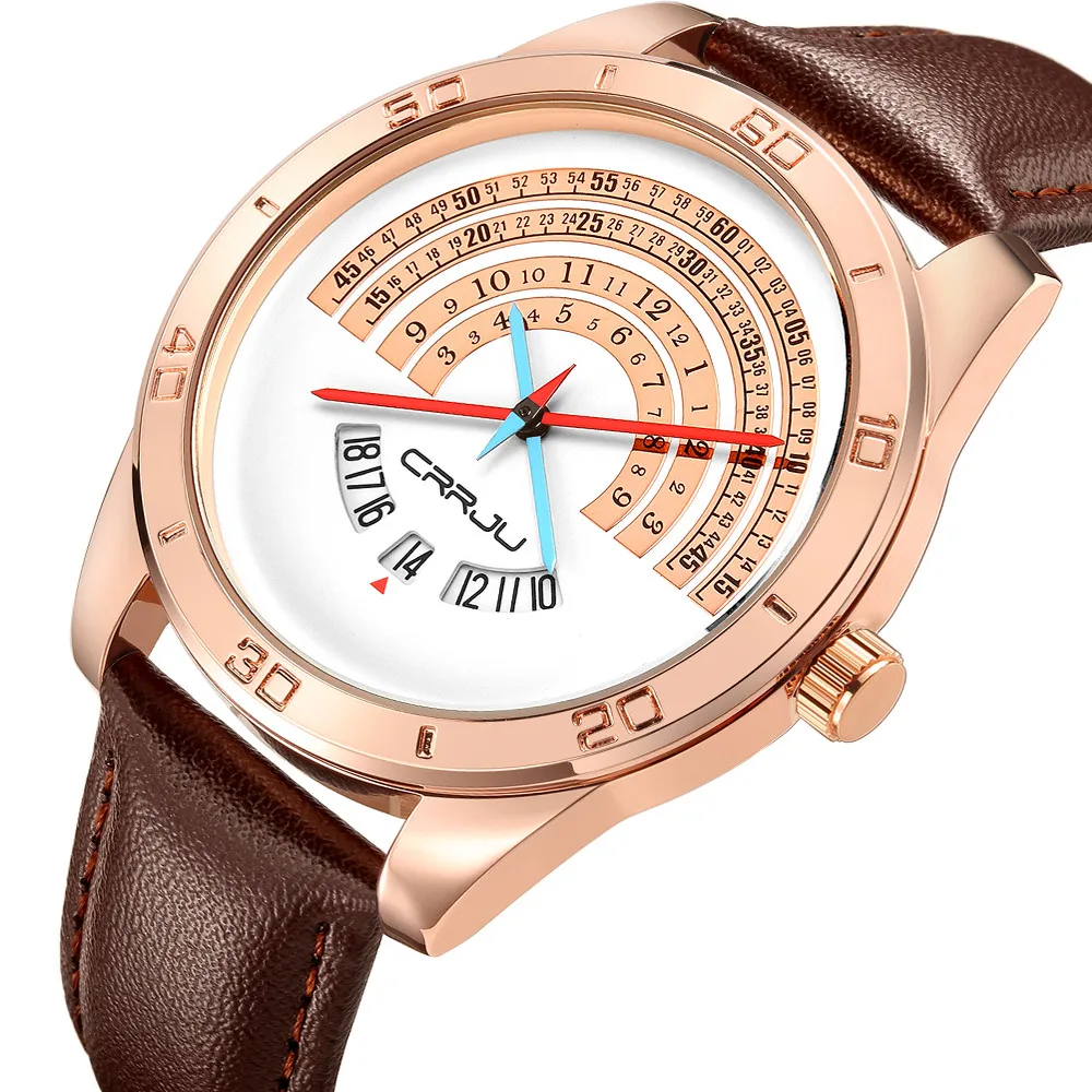 
CRRJU Watch Men luxury Sports leather Funny Binary calendar Clock Japan Movement Waterproof Wrist Watch 