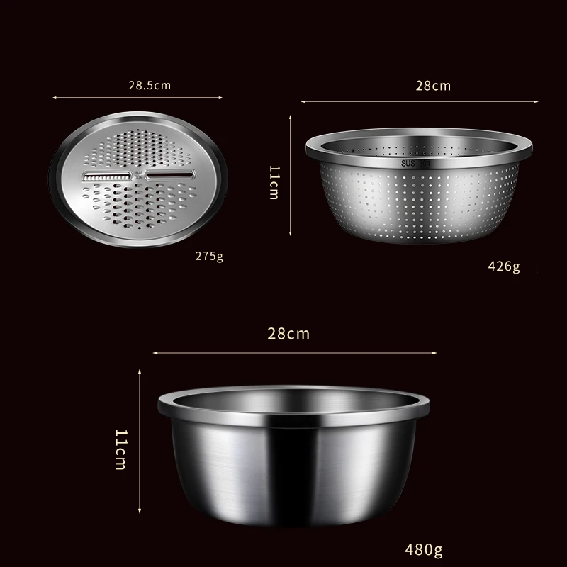 Customization Multi-Function Grater Set Stainless Steel Kitchen Colander 3 In 1 Mixing Bowl With Colander