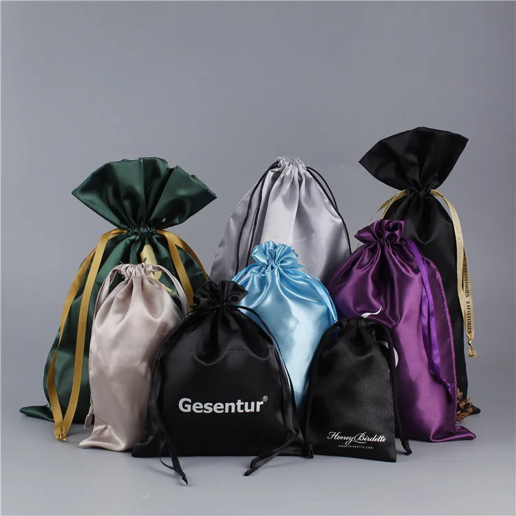 Large Satin Hair Bags Wig Bags for Hair Bundles with Tassels Custom Logo Drawstring Satin Promotion Customized Size Embossing