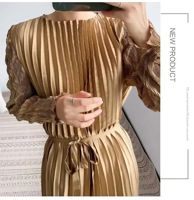 Modest Pleated Miyake Satin Metallic Long Indian Party Wear Evening Dresses Gold Asymmetrical Vestidos Dress