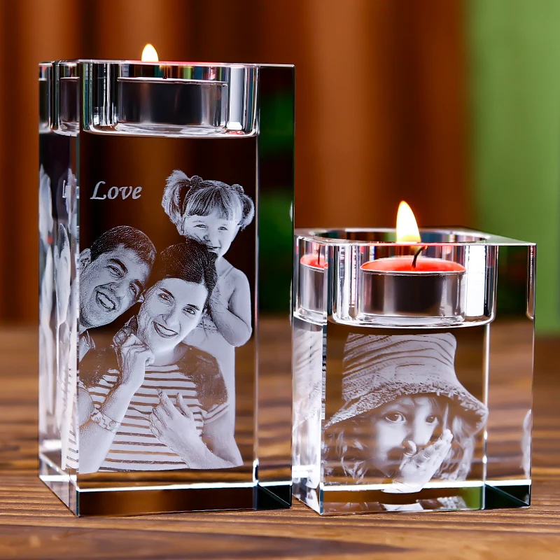 Honor of crystal 3D Laser Photo Engraved Square Crystal Tealight Candle Holders Table Candlesticks For Guests