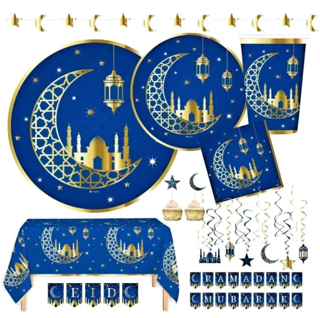 Gold Ramadan Eid Mubarak Decoration Dinner Plates Dessert Plates Cups Banner Table cover for Ramadan & Eid Muslim party supplies